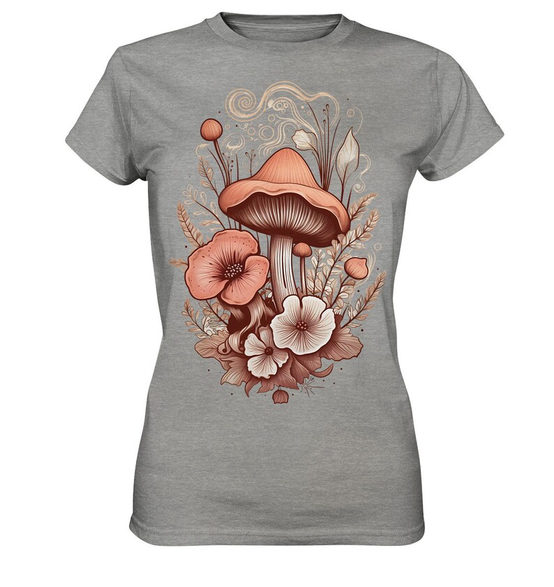 Floral Boho Mushroom Shirt, Botanical Cottagecore Vintage T-Shirt, Aestetic Green Witch TShirt, Autumn Flowers, Top Gift Idea for Women Sports Grey (meliert)