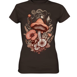 Floral Boho Mushroom Shirt, Botanical Cottagecore Vintage T-Shirt, Aestetic Green Witch TShirt, Autumn Flowers, Top Gift Idea for Women Brown