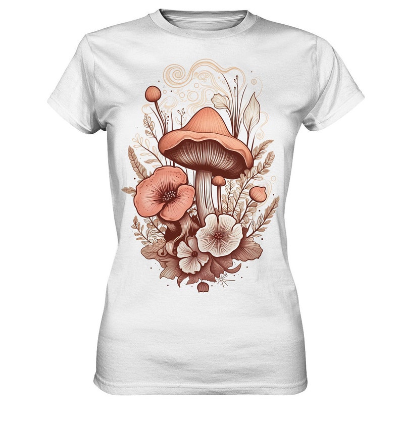Floral Boho Mushroom Shirt, Botanical Cottagecore Vintage T-Shirt, Aestetic Green Witch TShirt, Autumn Flowers, Top Gift Idea for Women White