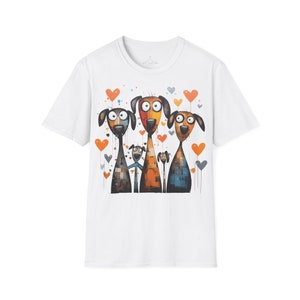Cartoonish Dogs Unisex Shirt, Funny Dog T-Shirt with Heart Motif, Animal Lover & Dog Owner Gift, Modern Art TShirt, Funny Dog White
