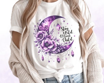 Floral Crescent Moon T-Shirt, Magic TShirt Collection, Modern Witch Shirt, Mystic Moon & Mushrooms, Witch Unisex Casual Shirt &quot;Stay Wild&quot;