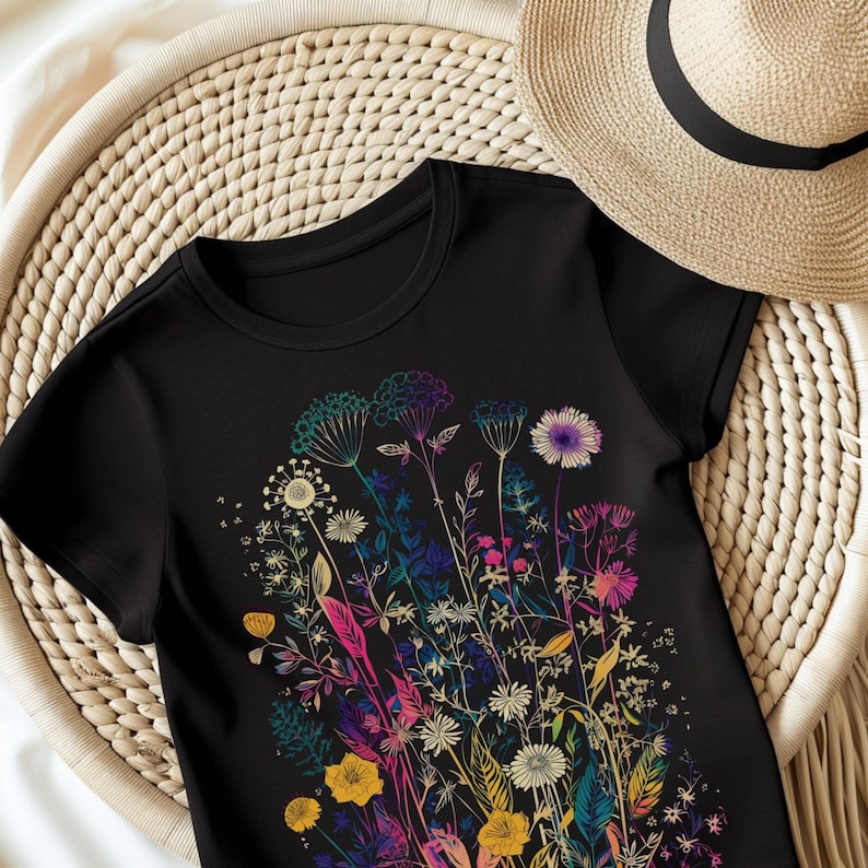 Peut inclure: T-shirt noire avec un imprim&eacute; floral color&eacute;. Les fleurs sont dans des tons de rose, bleu, jaune et vert. Le t-shirt a un col rond et des manches courtes.