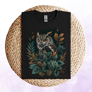 Woodland Owl Unisex T-Shirt, Mystical Owl Motifs, Perfect for Nature & Forest Lovers, Forest Owl Shirt, Aesthetic Floral Owl Shirts