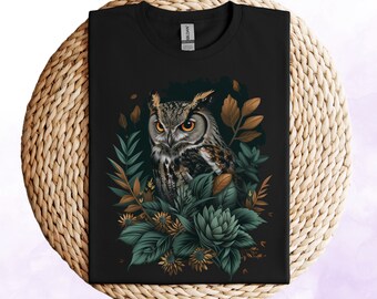 Woodland Owl Unisex T-Shirt, Mystical Owl Motifs, Perfect for Nature & Forest Lovers, Forest Owl Shirt, Aesthetic Floral Owl Shirts