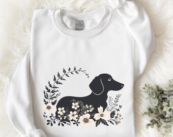 Floral Dachshund Silhouette Sweatshirt, Wiener Dog Sweater, Dachshund Owner Gift, Dog Lover Gift Idea, Sweater Christmas Dog