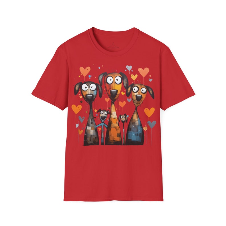 Cartoonish Dogs Unisex Shirt, Funny Dog T-Shirt with Heart Motif, Animal Lover & Dog Owner Gift, Modern Art TShirt, Funny Dog Red