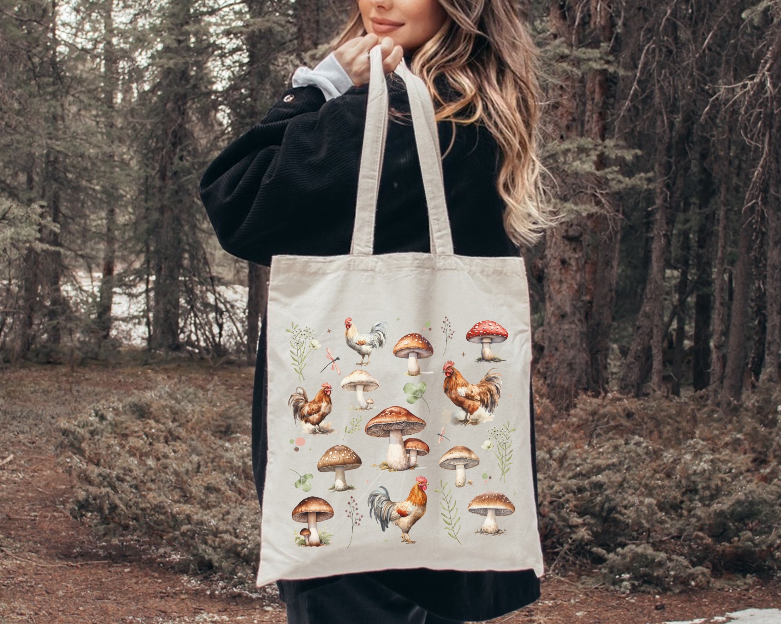 Sac Champignons et Poulet, Sac Fourre-Tout Poulet, Sac Fourre-Tout Champignon, Sac Fourre-Tout Forestcore, Sac Coq, Sac Champignons en Coton, Sac de C