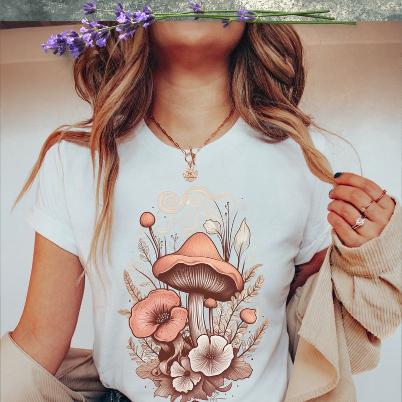 Floral Boho Mushroom Shirt, Botanical Cottagecore Vintage T-Shirt, Aestetic Green Witch TShirt, Autumn Flowers, Top Gift Idea for Women image 2