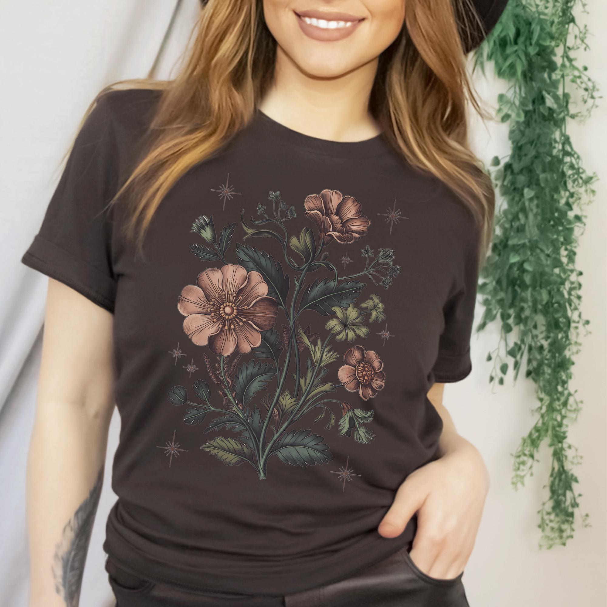 ヴィンテージファンタジーフラワーシャツ、神秘的な花柄エンチャン