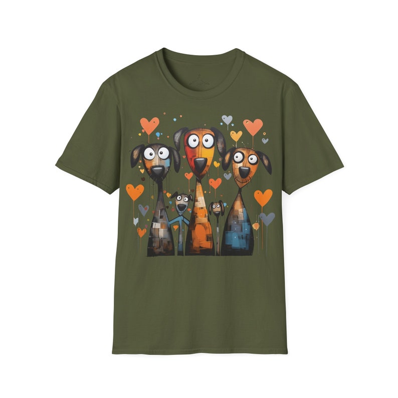 Cartoonish Dogs Unisex Shirt, Funny Dog T-Shirt with Heart Motif, Animal Lover & Dog Owner Gift, Modern Art TShirt, Funny Dog Military Green