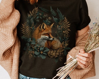 Woodland Fox Unisex T-Shirt, Trendy Fox Design Shirt, Perfect for Cottagecore and Woodland Lovers, Aesthetic Forest Plants TShirt