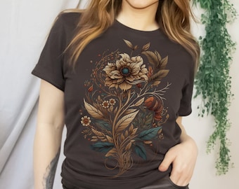 T-shirt floral botanique Cottagecore, t-shirt à fleurs bohème vintage, t-shirt sorcière verte, fleurs d'automne esthétiques, idée cadeau idéale pour femme