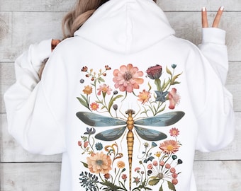 Dragonfly Flowers Organic Hoodie, Celestial Vintage Green Witch Hooded Sweater, Botanical Mystic Nature Sweatshirt, Unisex Gothic Clothing