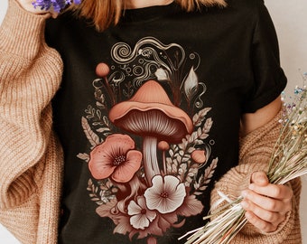 Floral Boho Mushroom Shirt, Botanical Cottagecore Vintage T-Shirt, Aestetic Green Witch TShirt, Autumn Flowers, Top Gift Idea for Women