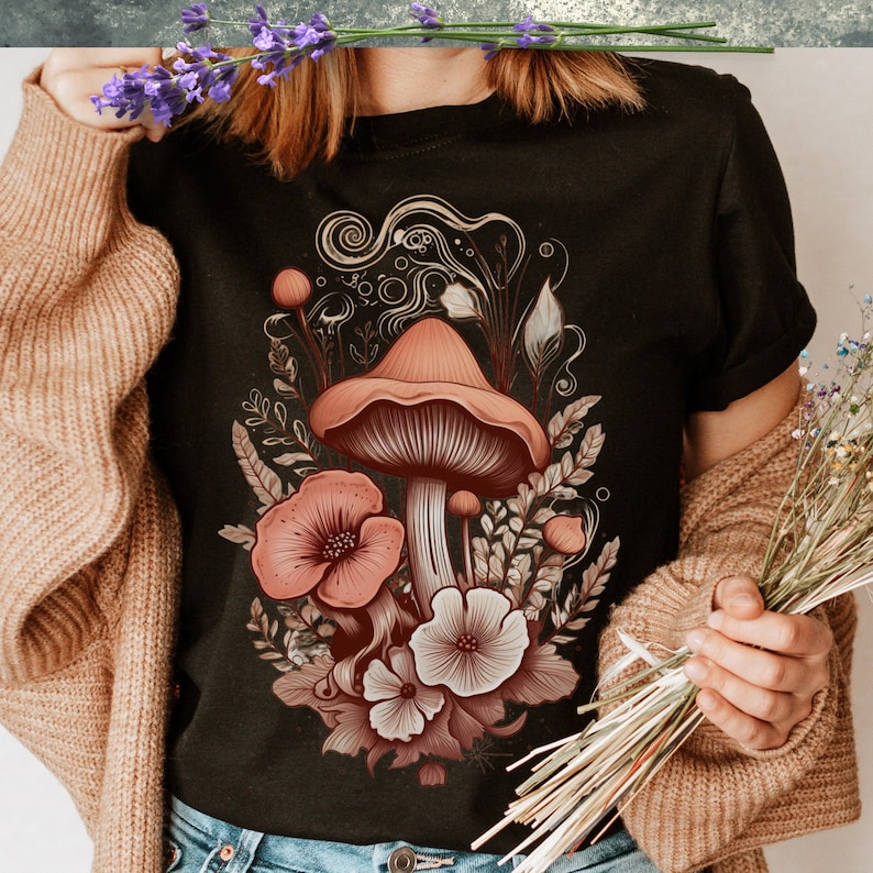 Floral Boho Mushroom Shirt, Botanical Cottagecore Vintage T-Shirt, Aestetic Green Witch TShirt, Autumn Flowers, Top Gift Idea for Women image 1