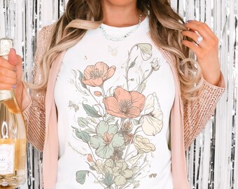 Vintage Boho Wildblumen Shirt, Floral Flower T-Shirt, Cottagecore Blumen u. Blüten in Pastellfarben, Wild Flowers TShirt Geschenk für Sie