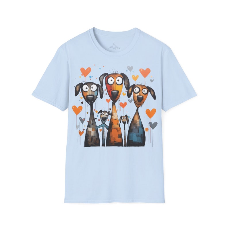 Cartoonish Dogs Unisex Shirt, Funny Dog T-Shirt with Heart Motif, Animal Lover & Dog Owner Gift, Modern Art TShirt, Funny Dog Light Blue