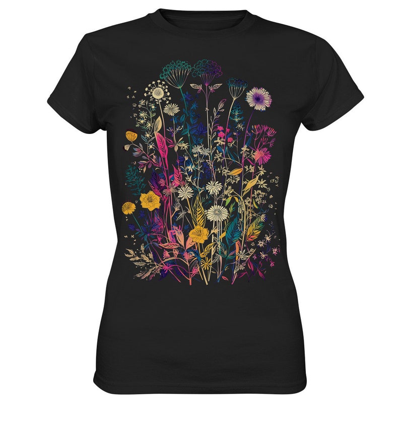 T-shirt imprimé fleurs sauvages pressées, T-shirt fleuri, Cadeau pour amoureux des plantes, T-shirt fleurs sauvages, T-shirt jardinier, T-shirt fleurs sauvages femme, T-shirt plantes Noir