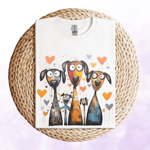 Cartoonish Dogs Unisex Shirt, Lustiges Hunde T-Shirt mit Herz-Motiv, Tierliebhaber & Hundebesitzer Geschenk, Moderne Kunst TShirt, Funny Dog