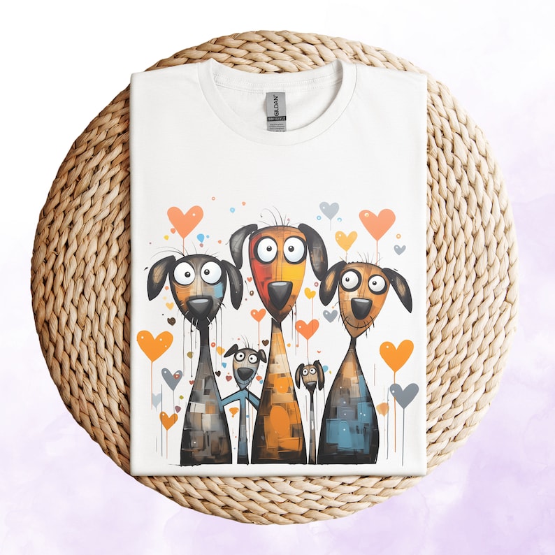May include: White t-shirt with a colorful illustration of four dogs with hearts and dots in the background. The dogs are all different colors and have different expressions. The shirt is on a woven straw background.