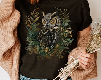 Woodland Owl Unisex T-Shirt, Mystical Owl Motifs, Perfect for Nature & Forest Lovers, Forest Owl Shirt, Aesthetic Floral Owl Shirts