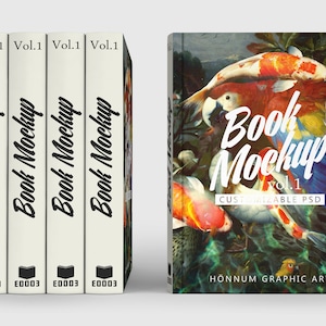 K&ouml;nnte beinhalten: Ein Buch-Mockup mit einem farbenfrohen Cover, das Koi-Karpfen zeigt, die in einem Teich schwimmen. Der Text auf dem Cover lautet "Book Mockup Vol. 1 Customizable PSD" und "Honnum Graphic Art".