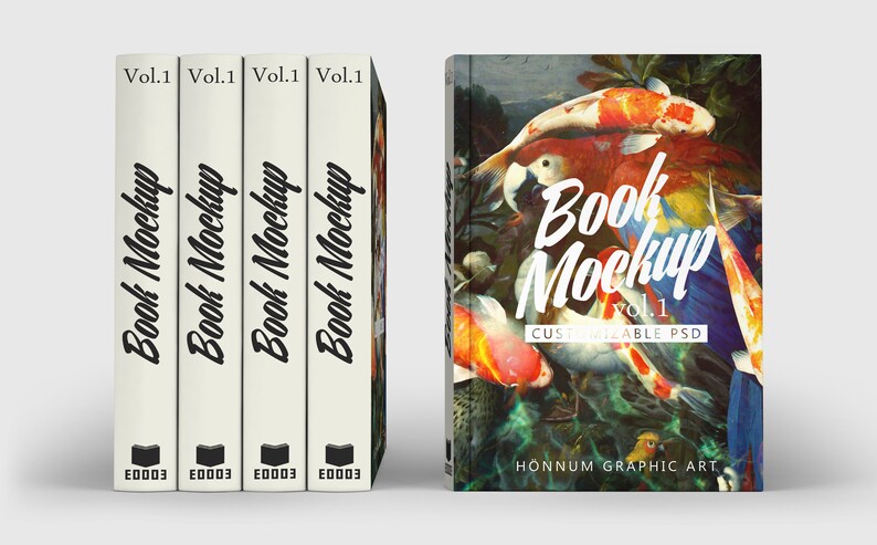K&ouml;nnte beinhalten: Ein Buch-Mockup mit einem farbenfrohen Cover, das Koi-Karpfen zeigt, die in einem Teich schwimmen. Der Text auf dem Cover lautet "Book Mockup Vol. 1 Customizable PSD" und "Honnum Graphic Art".
