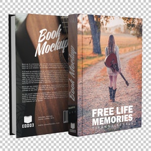 K&ouml;nnte beinhalten: Ein Buch-Mockup mit rustikalem Holz-Hintergrund und einer Frau, die mit einer Gitarre einen Feldweg entlang geht. Das Buchcover zeigt den Text "Free Life Memories" und den Namen der Autorin "Tiffany Nevels".