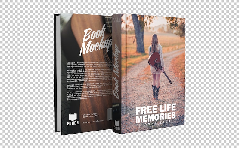 K&ouml;nnte beinhalten: Ein Buch-Mockup mit rustikalem Holz-Hintergrund und einer Frau, die mit einer Gitarre einen Feldweg entlang geht. Das Buchcover zeigt den Text "Free Life Memories" und den Namen der Autorin "Tiffany Nevels".