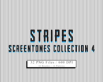 May include: A digital illustration of black and white stripes with the text "STRIPES SCREENTONES COLLECTION 4" and the details "32 PNG Files / 600 DPI 16 Brushes / 16 Patterns".