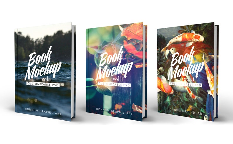 K&ouml;nnte beinhalten: Drei Buch-Mockups mit verschiedenen Hintergr&uuml;nden. Das erste Mockup zeigt eine blaue und gr&uuml;ne Ozeanszene. Das zweite Mockup zeigt ein farbenfrohes Blumenmuster. Das dritte Mockup zeigt ein farbenfrohes Fischmuster. Jedes Mockup tr&auml;gt den Text "Book Mockup vol.1 CUSTOMIZABLE PSD" und "HONNUM GRAPHIC ART".