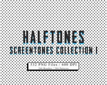 May include: A black and white halftone pattern background with the text "HALFTONES SCREEN TONES COLLECTION I" in black with a blue outline. Below the text is a white rectangle with the text "532 PNG Files / 600 DPI 266 Brushes / 266 Patterns" in black.