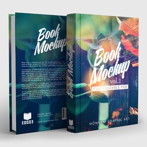 K&ouml;nnte beinhalten: Ein Buch-Mockup mit einem farbenfrohen Naturhintergrund. Das Cover zeigt den Text "Book Mockup vol.1 CUSTOMIZABLE PSD" und den Text "HONNUM GRAPHIC ART" unten. Der Buchr&uuml;cken tr&auml;gt den Text "Book Mockup" und den Text "E0003" unten.