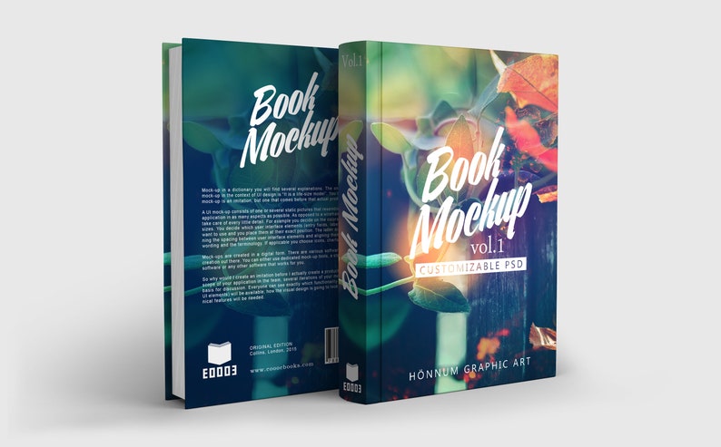 K&ouml;nnte beinhalten: Ein Buch-Mockup mit einem farbenfrohen Naturhintergrund. Das Cover zeigt den Text "Book Mockup vol.1 CUSTOMIZABLE PSD" und den Text "HONNUM GRAPHIC ART" unten. Der Buchr&uuml;cken tr&auml;gt den Text "Book Mockup" und den Text "E0003" unten.