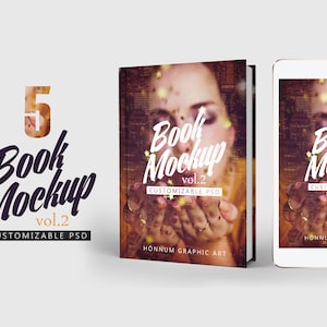 May include: A book mockup featuring a woman blowing glitter from her hands. The book cover displays the text "Book Mockup vol.2 Customizable PSD" and "Hönnum Graphic Art".