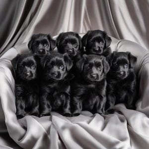 Puede incluir: Siete cachorros negros de Labrador están juntos, su pelaje oscuro contrasta con la tela plateada. Algunos cachorros tienen ojos azules. El fondo es suave y neutro.