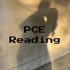 May include: A shadow silhouette of two people kissing on a textured wall. The words "PCE Reading" are displayed in a pixelated font, adding a digital aesthetic to the image.