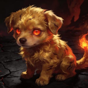 Puede incluir: Ilustración digital de un cachorro dorado con ojos rojos llameantes y una cola en llamas. El cachorro está sentado sobre una superficie oscura y agrietada, con un fondo de fuego. Tema de fantasía.