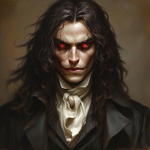 Puede incluir: Retrato de un hombre con pelo largo y oscuro y penetrantes ojos rojos. Viste un abrigo negro sobre una camisa blanca con cuello con volantes y corbata blanca. La imagen tiene un tema gótico o de fantasía.