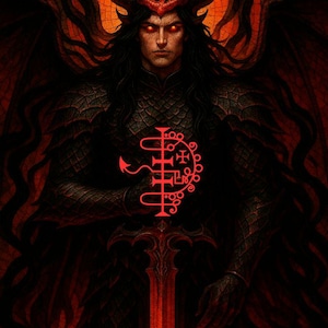 Puede incluir: Obra de arte digital de una figura demoníaca con ojos rojos, cuernos y alas. La figura sostiene un símbolo rojo y una espada. El fondo es un mosaico de tonos naranja y rojo, creando una imagen dramática e intensa.