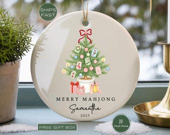 Merry Mahjong Ornament Custom Mahjong Christmas Ornaments Mahjong Blue Chinoiserie with Pink Bow Coquette Mahj Game Night Gift Ceramic Decor