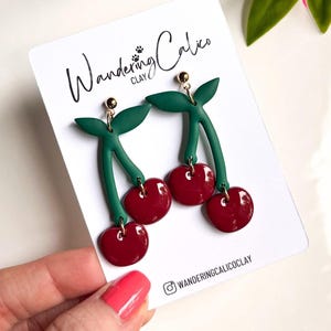 Cherry Clay Earrings, Handmade Fruit Jewelry, Food Themed Earrings, Summer Spring Earrings, Cherry Lover Gifts, Valentine&#39;s Day Earrings