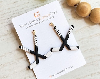 Hockey Sticks Clay Earrings, Ice Hockey Jewelry, Hockey Fan Gifts, Hockey Lover Gift, Handmade Hockey Mom Gift, Custom Sports Team Jewelry