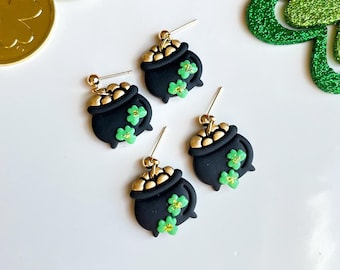 Pot Of Gold Clay Earrings, Saint Patrick's Day Earrings, Saint Patty's Day Jewelry, Irish Inspired Earrings, Pot Of Gold Jewelry