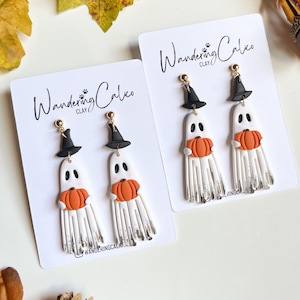 Halloween Spooky Witch Ghost Earrings, Ghost With Pumpkin Clay Earrings, Unique Handmade Halloween Season Gifts, Halloween Lover Gifts