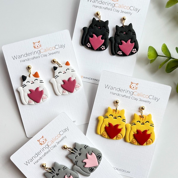 Cat Holding Heart Earrings, Polymer Clay Cat Jewelry, Cat Lover Gift, Veterinarian Gift, Unique Cat Clay Earrings, Cute Animal Jewelry