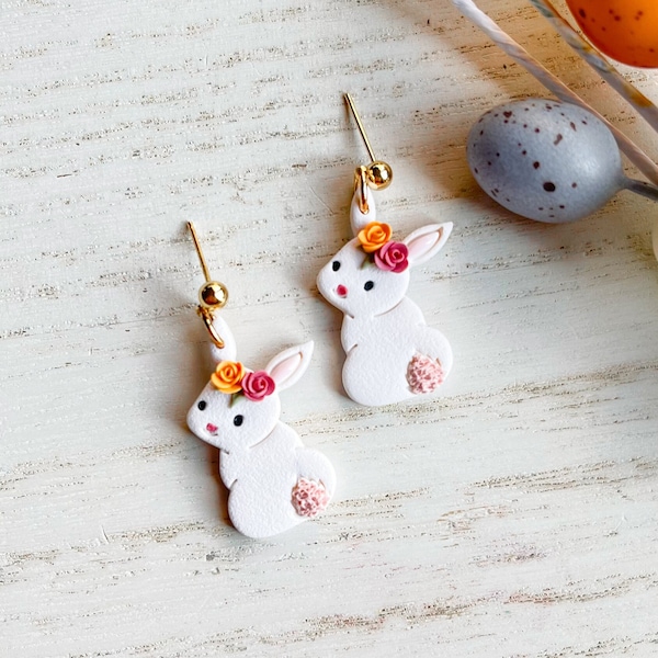 Polymer Clay Easter Bunny Earrings, Spring Earrings, Rabbit Clay Jewelry, Nature Inspired Earrings, Unique Animal Jewelry