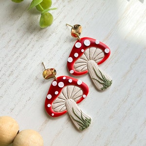 Polymer Clay Mushroom Earrings, Mushroom Jewelry, Plant Theme Earrings, Nature Inspired Earrings, Mushroom Lover Gift, Statement Earrings image 1