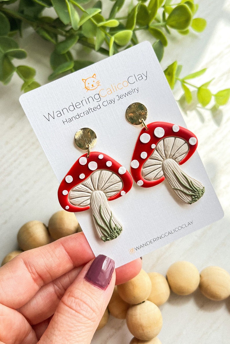 Polymer Clay Mushroom Earrings, Mushroom Jewelry, Plant Theme Earrings, Nature Inspired Earrings, Mushroom Lover Gift, Statement Earrings image 2