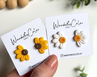 Polymer Clay Half Daisy Sunflower Earrings, Handmade Spring Earrings